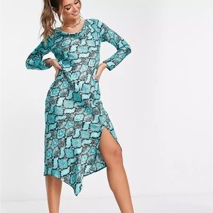 River Island cowl neck midi dress in blue snake print